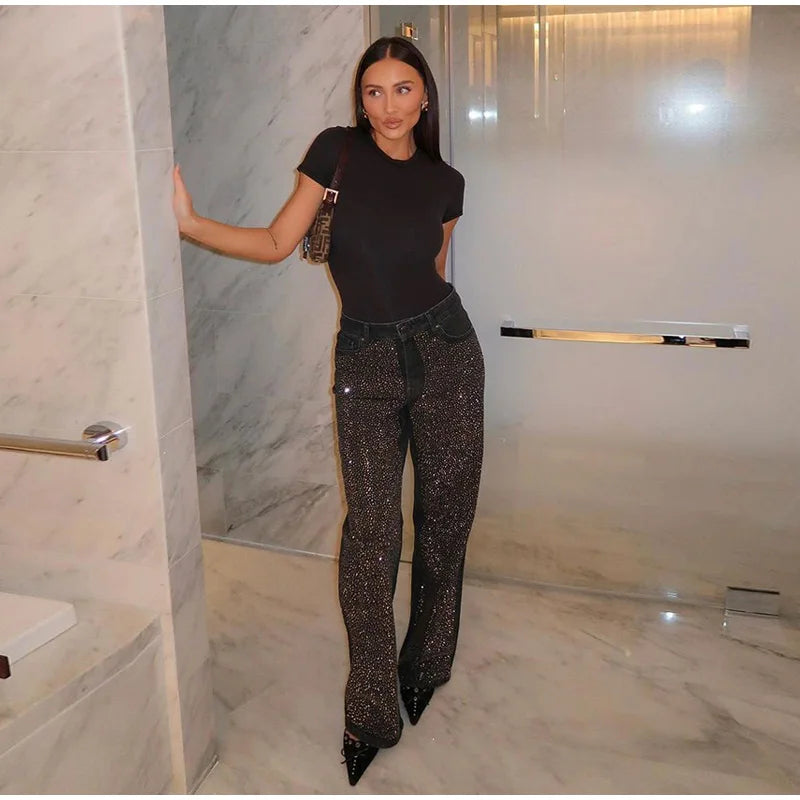 Pantaloni da donna in denim con diamanti chic Tasche a vita media con glitter alla moda Jeans femminili 2025 Pantaloni lunghi da donna di High Street primavera estate