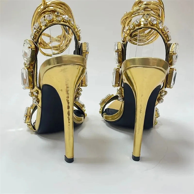 Scarpe da Donna Sexy con Cinturino alla Caviglia, Sandali Dorati per Feste e Discoteche, Tacchi da Spogliarellista, Scarpe da Sposa di Alta Qualità con Cristalli e Diamanti