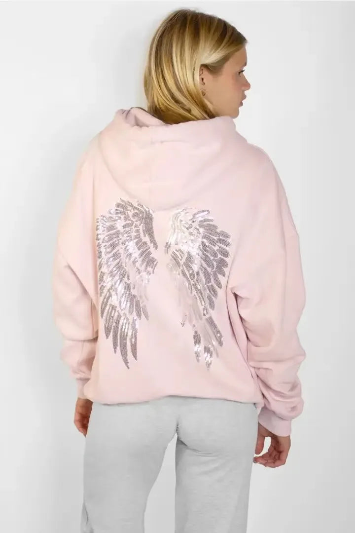 Felpe con Cappuccio da Donna con Stampa Ali d'Angelo in Paillettes, Maniche Lunghe, Tinta Unita, Stile Casual, Nuova Collezione 2025, Abbigliamento Streetwear Y2k