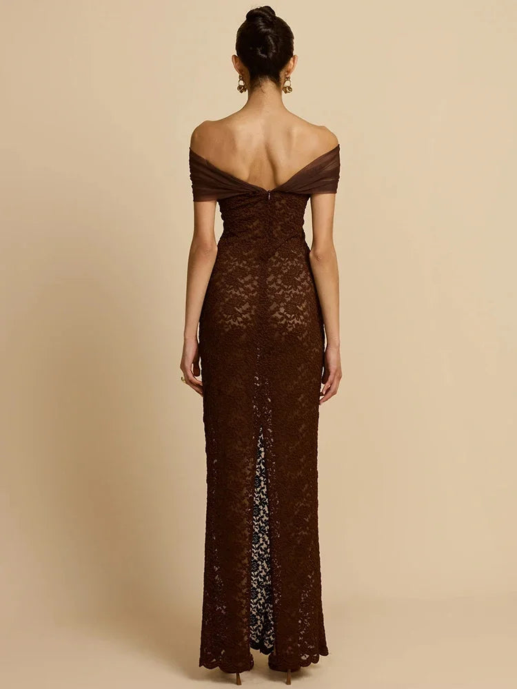Abito lungo sexy senza schienale con spalle scoperte in pizzo Abito da donna Elegante abito da club aderente diviso senza spalline senza spalline
