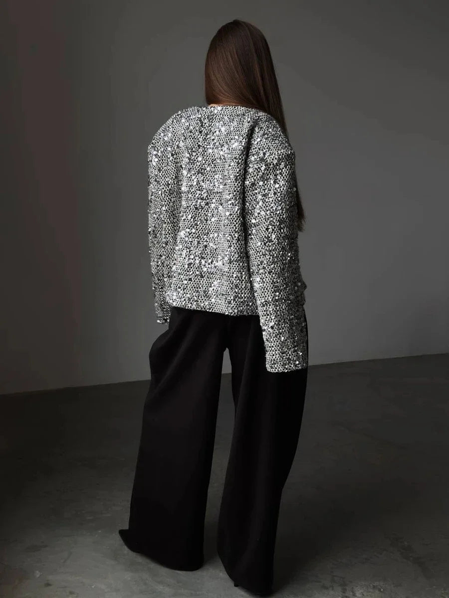 Giacca Corta da Donna Chic con Paillettes Argento, Cardigan Casual con Collo Tondo, Maniche Lunghe e Tasche, Elegante Cappotto Autunnale da Donna