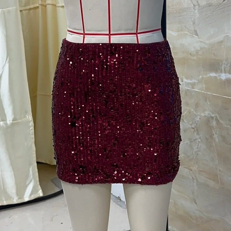 Minigonna corta scintillante a vita alta Gonna a tubino con paillettes Donne sexy Elegante tinta unita Cocktail Club Party Gonne Streetwear