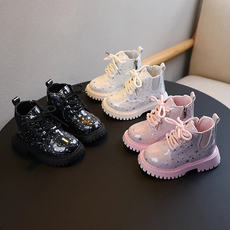 Stivali autunnali per bambini piattaforma Glimmer a stella stivali per bambini belli per il tempo libero moda Unisex alla caviglia-scarpe comode per ragazze dei ragazzi 21-30