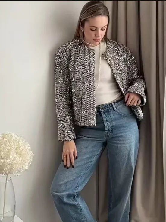 Giacca Corta da Donna Chic con Paillettes Argento, Cardigan Casual con Collo Tondo, Maniche Lunghe e Tasche, Elegante Cappotto Autunnale da Donna