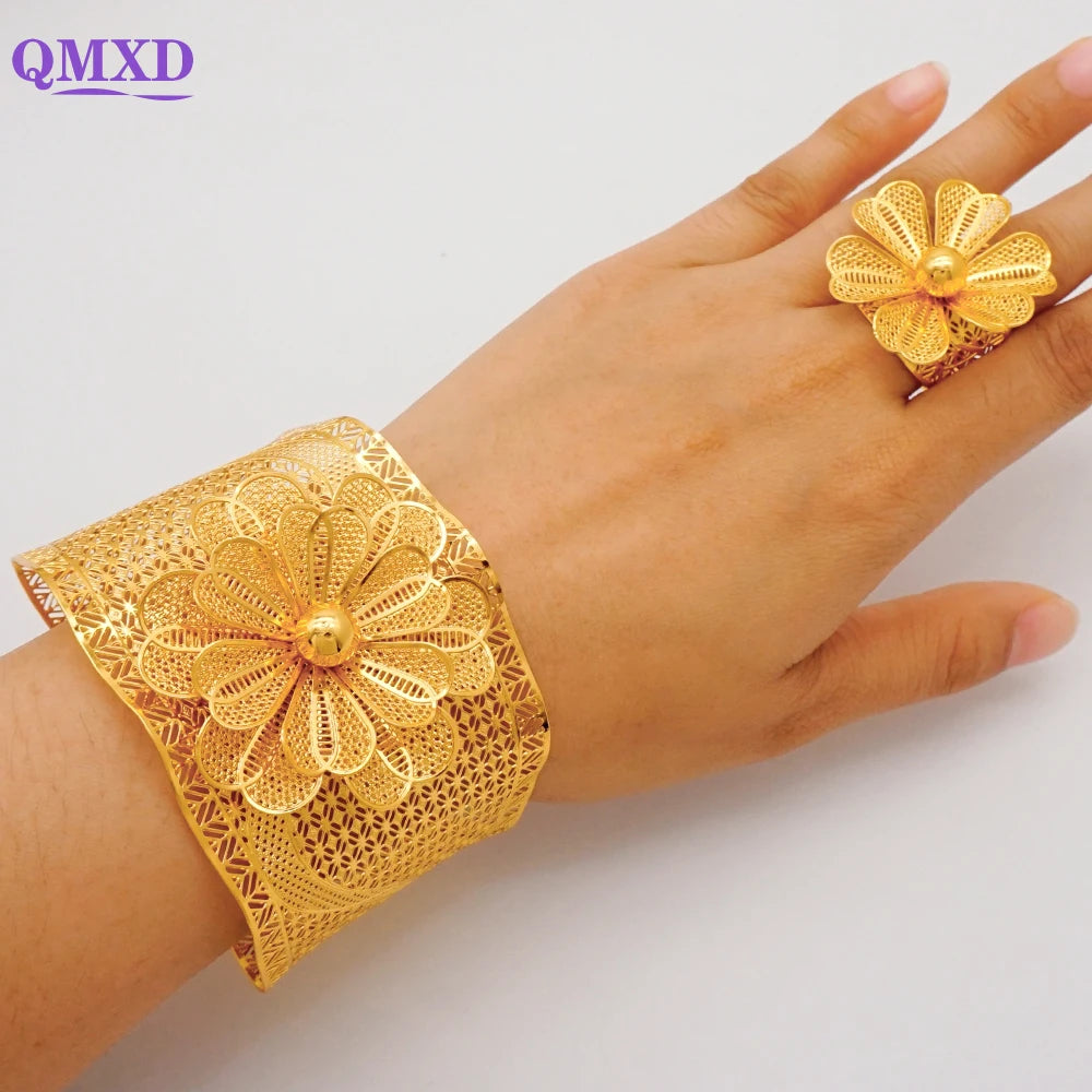 Bracciale color oro Dubai con anello per donna Bracciale con polsino a catena con ciondoli Bracciale indiano Arabo Francia Regali di gioielli da sposa