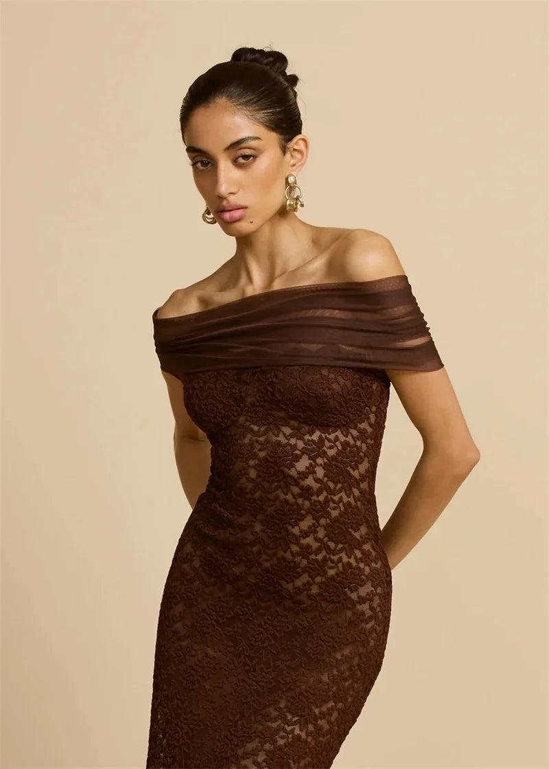 Abito lungo sexy senza schienale con spalle scoperte in pizzo Abito da donna Elegante abito da club aderente diviso senza spalline senza spalline
