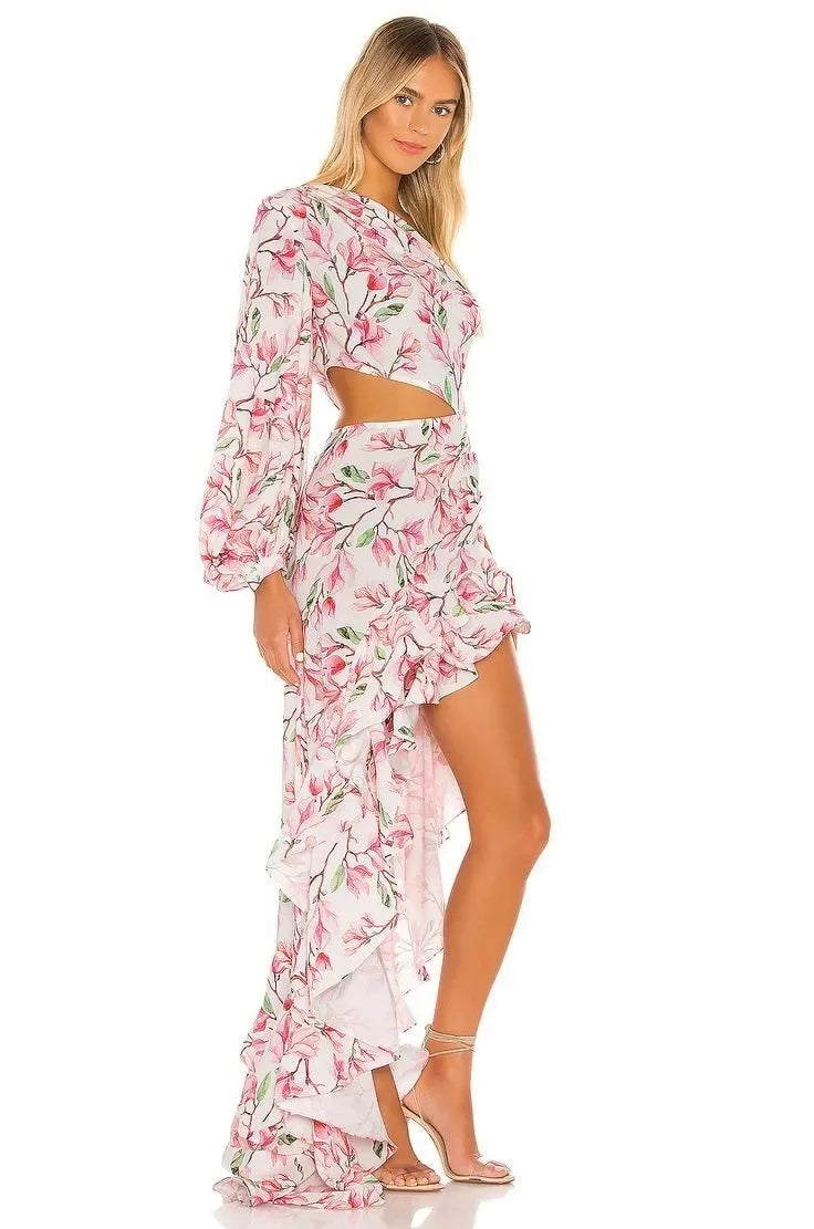 Abito Elegante e Sexy con Stampa Floreale, Orlo Asimmetrico, Collo Alto, Maniche a Palloncino, Lunghezza al Ginocchio