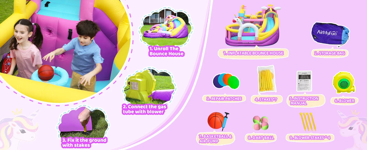Inflatable Bounce House 5 in 1 Unicorn Wide Slide Jumping Castle for Kids Backyard Ball Pit Climbing Wall Basketball Hoop