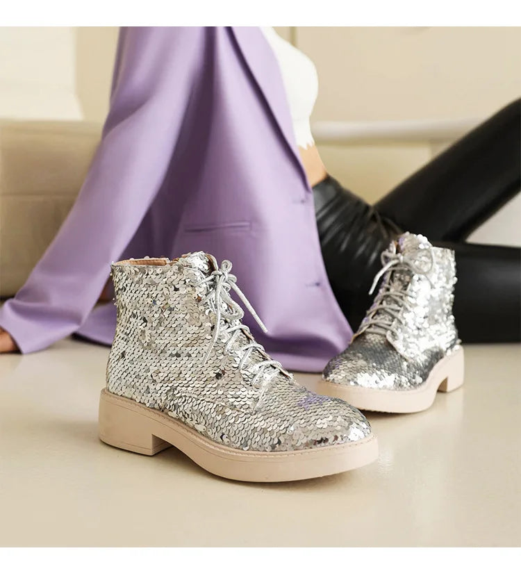 Donna Autunno Inverno Stivaletti 2024 Tendenza Comfort Casual Hip-Hop Scarpe da ballo con paillettes Club Party Donna Stivaletti stringati