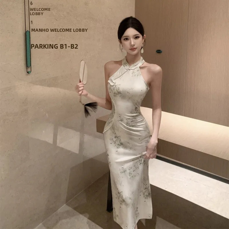Abito lungo a vita alta senza maniche, stile retrò, con perline, modello cheongsam migliorato, aderente e snellente, per il tempo libero e il commuting.