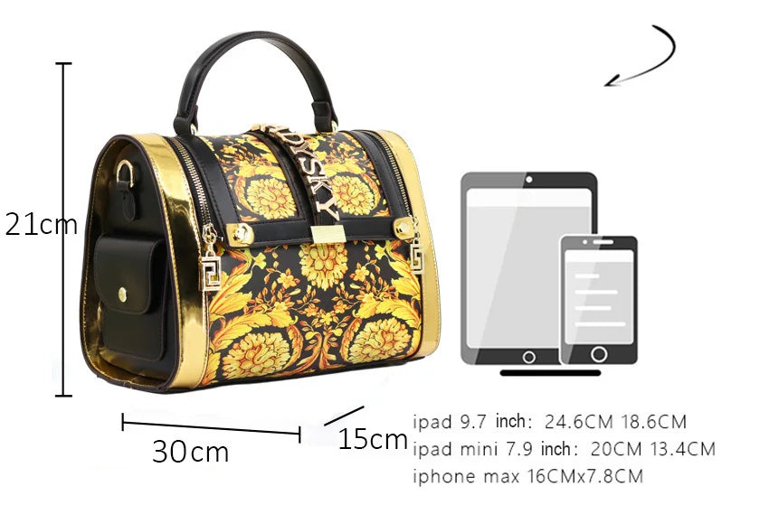 Borsa Boston da Donna con Stampa, Borsa a Spalla Grande Capacità, Borsa a Tracolla con Doppia Cerniera, Stile Mezza Copertura, Borsa con Manico Superiore