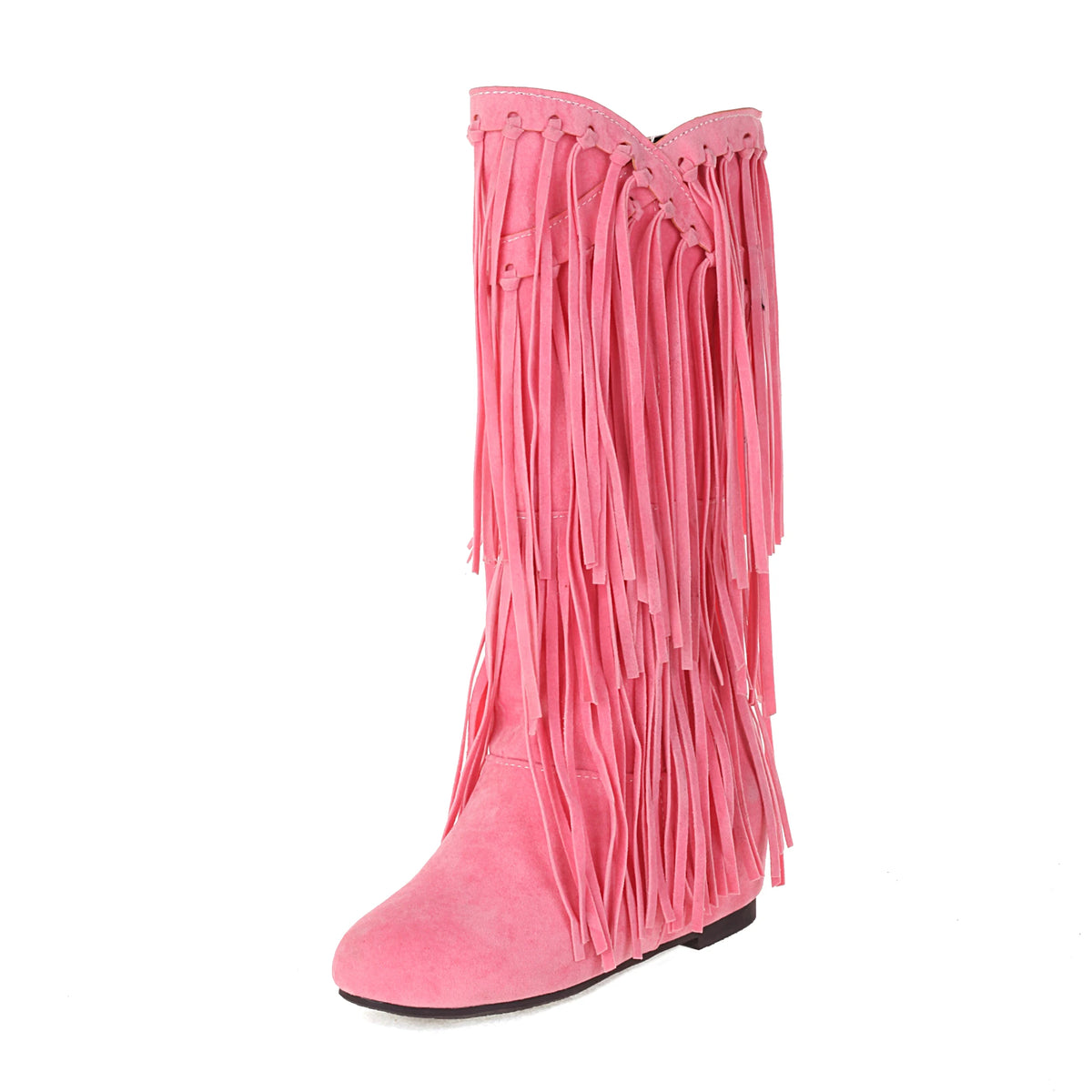 Scarpe da donna primavera e autunno moda nuovo stile Sexy stivali da donna al ginocchio floccato punta tonda frangia alta 3cm plus size 34-48
