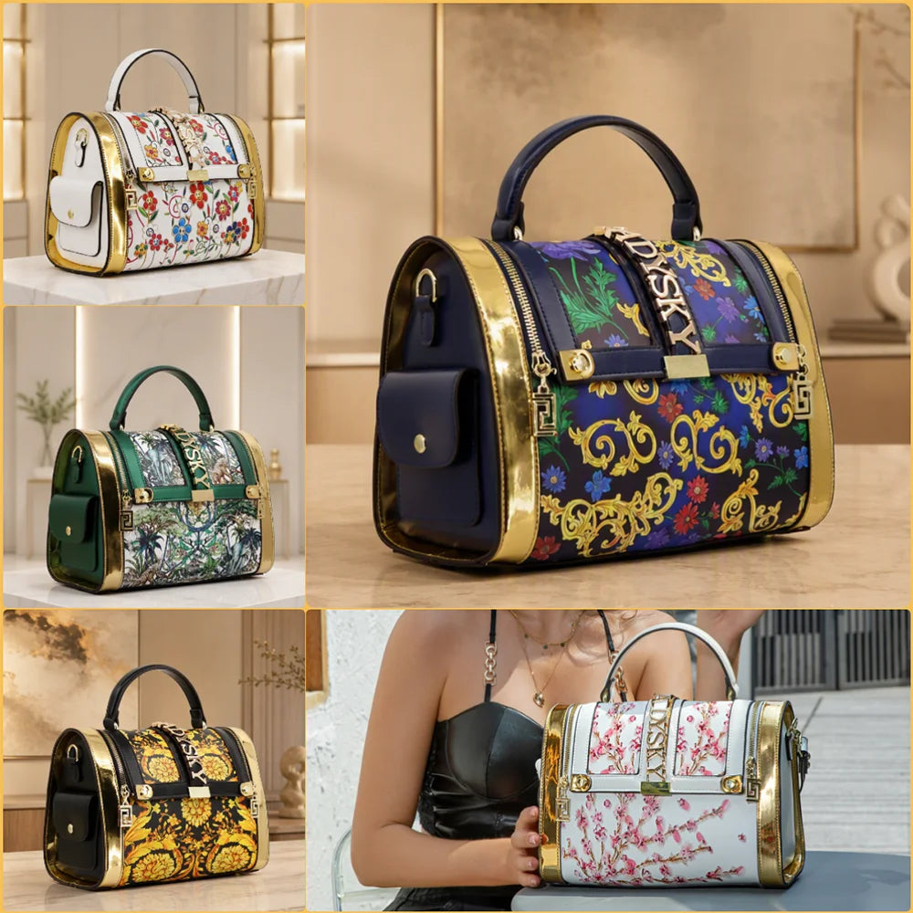 Borsa da donna con stampa di fiori e piante alla moda Borsa da donna con cuscino con cuciture intelligenti Borsa da donna di grande volume Borsa a spalla singola