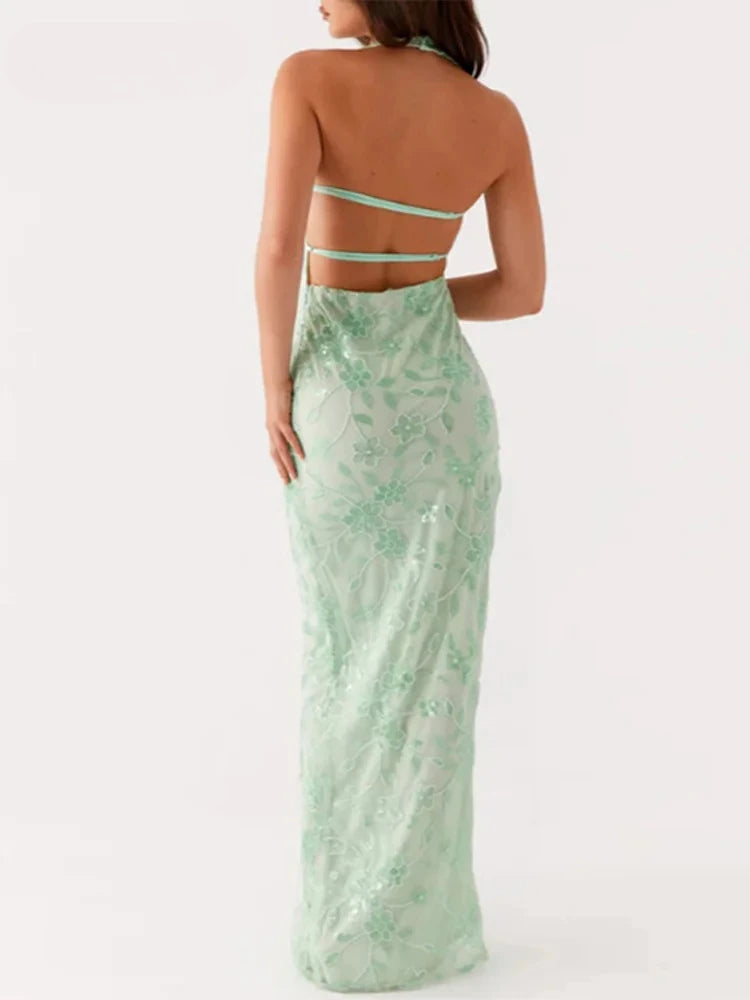 Abito da festa lungo ricamato da donna elegante Abito da festa femminile senza maniche con scollo all'americana sottile Abiti da festa estivi da donna