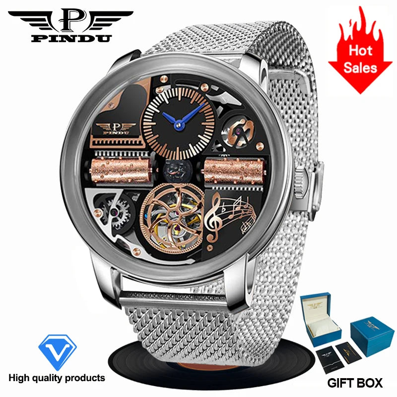 PINDU Design Nuovo Orologio Meccanico di Lusso da Uomo in Acciaio Inossidabile con Vetro Zaffiro Movimento M2791B Impermeabile 50M Automatico