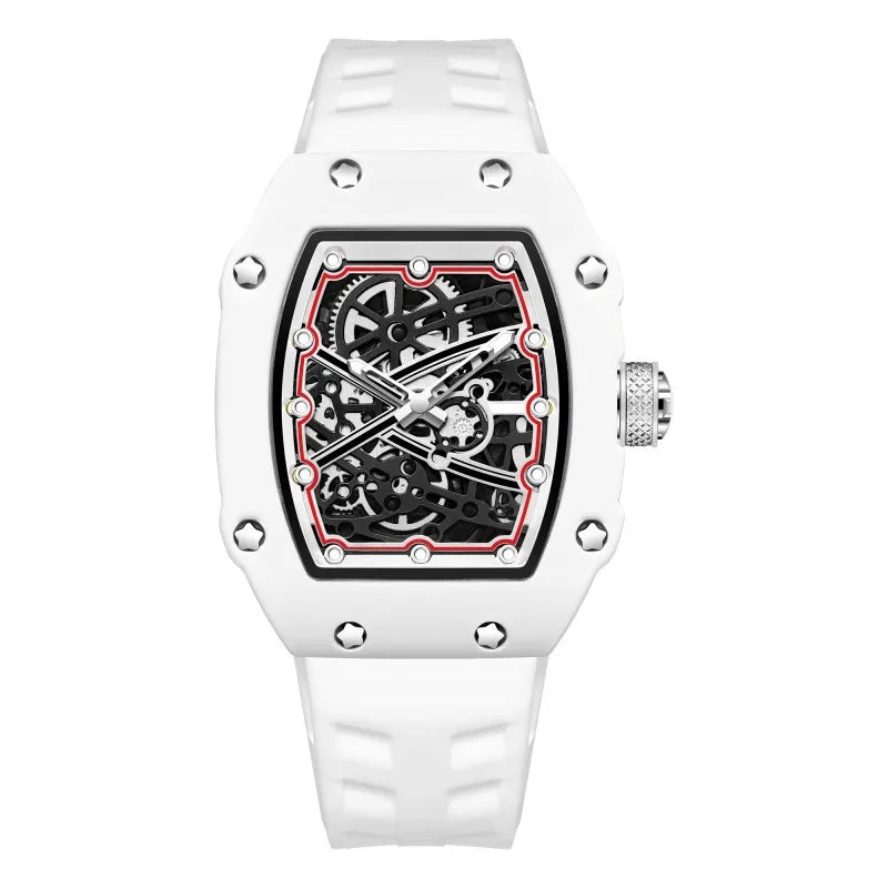 Orologio al Quarzo Ultra-Sottile Tonneau per Uomo, Design Creativo Bianco con Quadrante Cavo, Super Luminoso, Personalizzabile, Orologio AAA Relogio