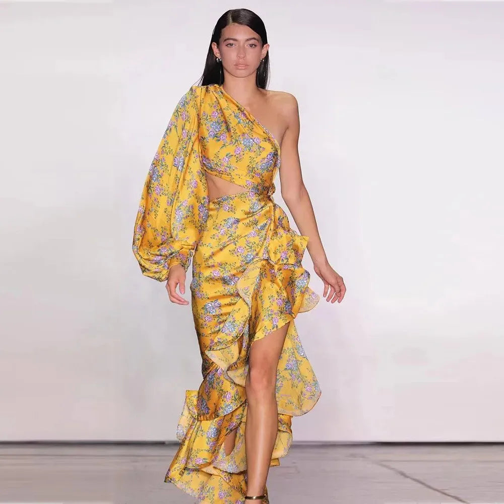 Abito Elegante e Sexy con Stampa Floreale, Orlo Asimmetrico, Collo Alto, Maniche a Palloncino, Lunghezza al Ginocchio