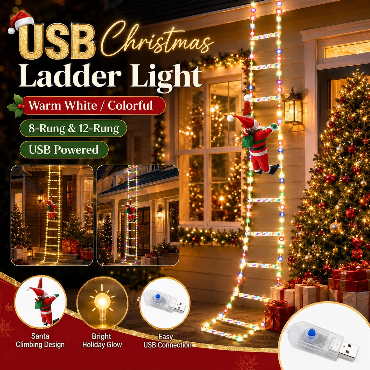 USB Christmas Ladder Lights with Climbing Santa, 8 Modes, Warm White/Colorful, 8/12 Rung LED Holiday Decor