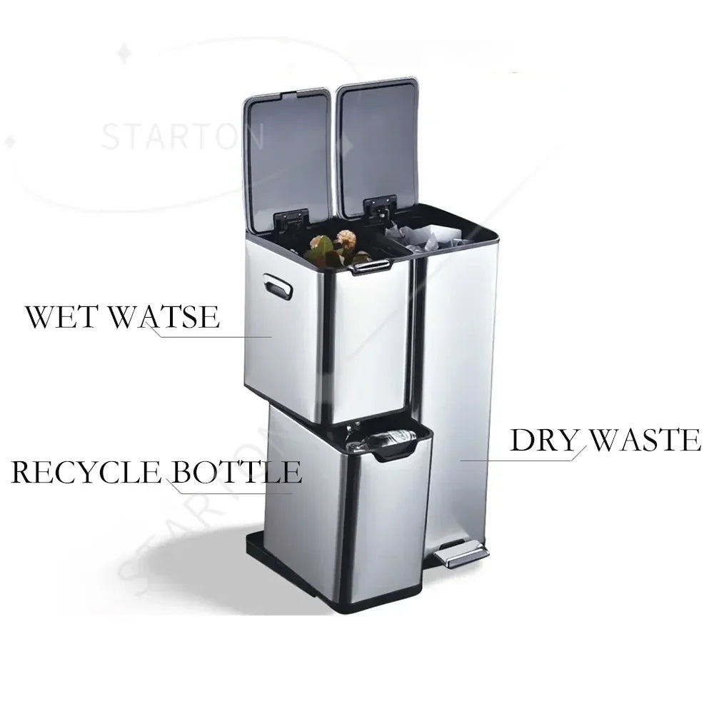 60L Triple Compartment Stainless Steel Recycling Bin with Pedal Press Button on Top Kitchen Trash Bin Recycle Bin