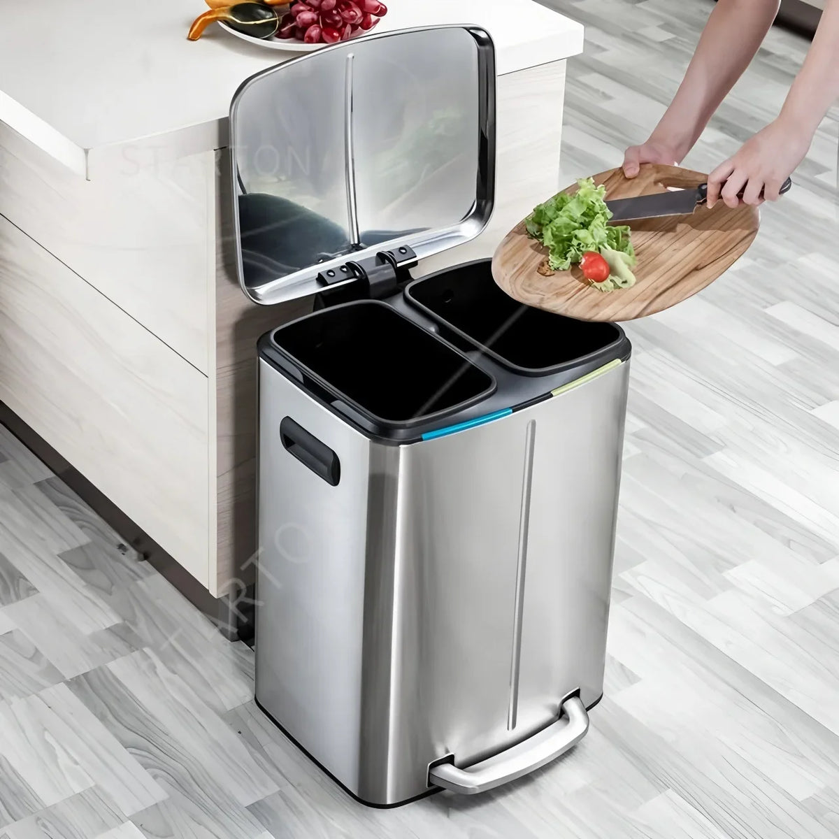 60L Triple Compartment Stainless Steel Recycling Bin with Pedal Press Button on Top Kitchen Trash Bin Recycle Bin