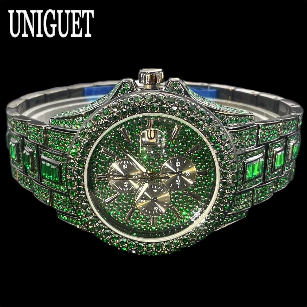 Vendita calda orologio rosso ghiaccio per uomo marchio di moda UNIGUET Hip Hop pieno di diamanti gioielli in acciaio inossidabile di lusso orologio da polso al quarzo uomo