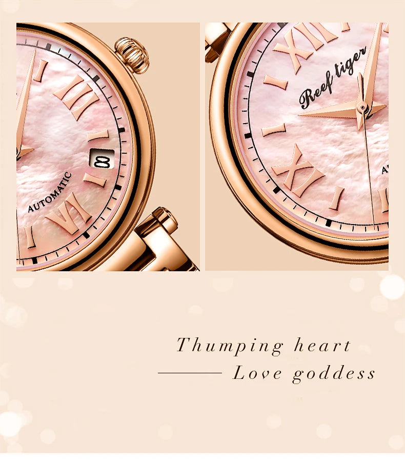FolliFollie Orologio da donna automatico con quadrante in oro rosa e diamanti con numeri romani, cinturino in pelle, orologio da donna di lusso