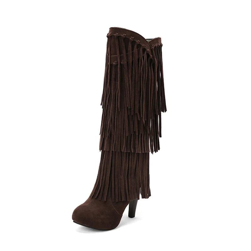 2022 primavera nuovo tacco alto con scollo a v con frange stivali da donna punta tonda impermeabile moda Sexy Set di piedi stivali da principessa