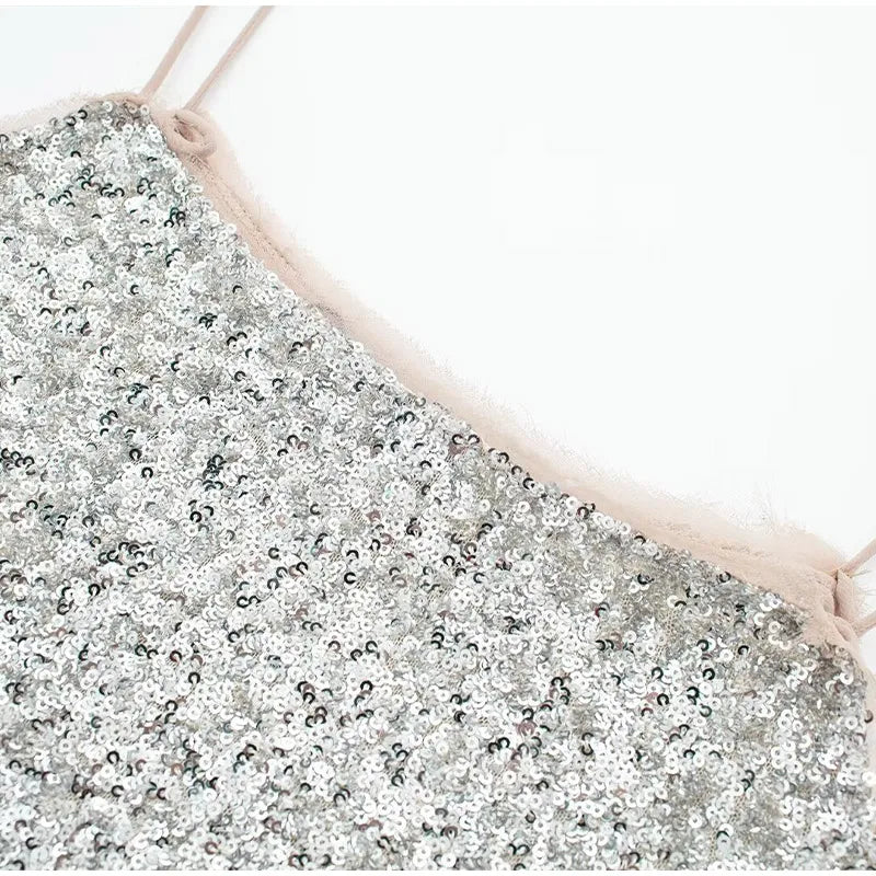 Elegante Abito con Paillettes da Donna Primavera Estate 2026, Vestito Senza Maniche con Scollo a Barca, Abito da Festa Scintillante, Dolce Abito da Ufficio Argento