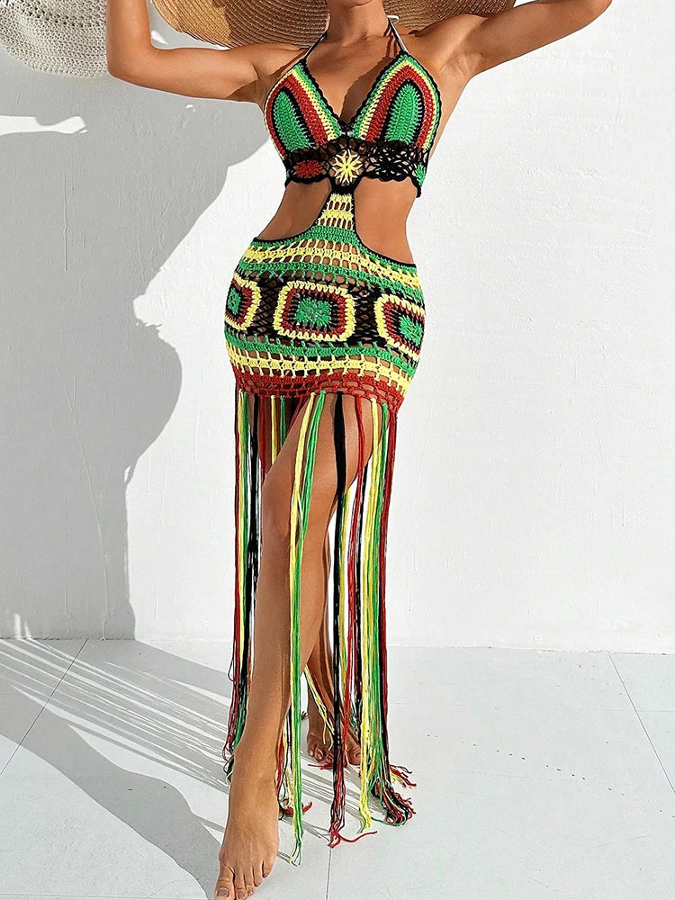 Copricostume da donna estivo all'uncinetto con scollo a V profondo, costume da bagno multicolore, bikini lungo con nappa, abito in maglia, copricostume, costumi da bagno senza schienale