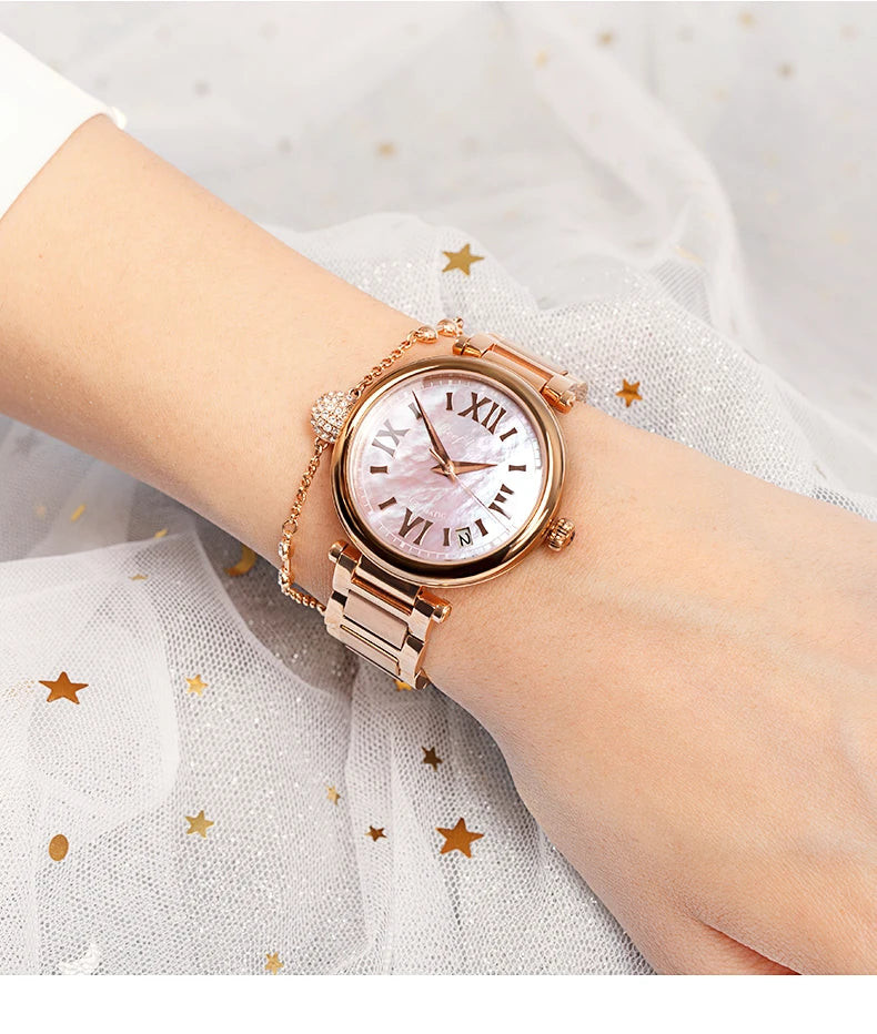 FolliFollie Orologio da donna automatico con quadrante in oro rosa e diamanti con numeri romani, cinturino in pelle, orologio da donna di lusso
