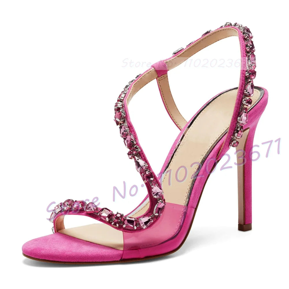 Sandali con cinturino incrociato in cristallo rosso Sandali da donna con motivo serpente Slingback Tacchi alti Scarpe dorate Sandali eleganti scintillanti da festa casual da donna