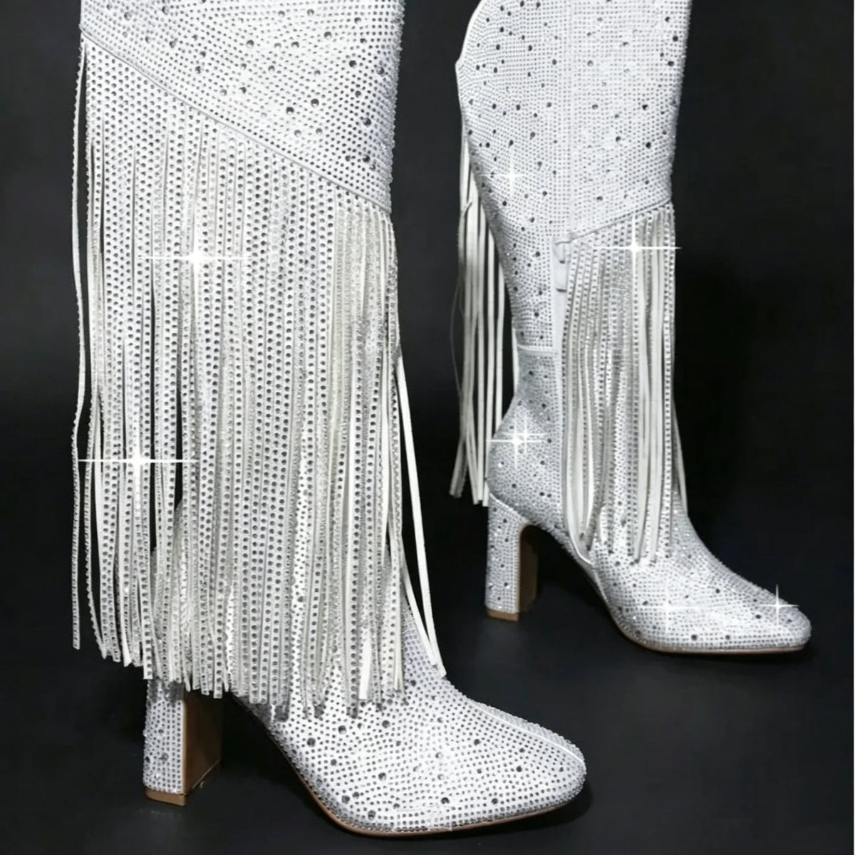 Stivali da Donna con Strass e Frange, Punta Affusolata, Tacco a Spillo, Design con Cerniera, Taglie Grandi