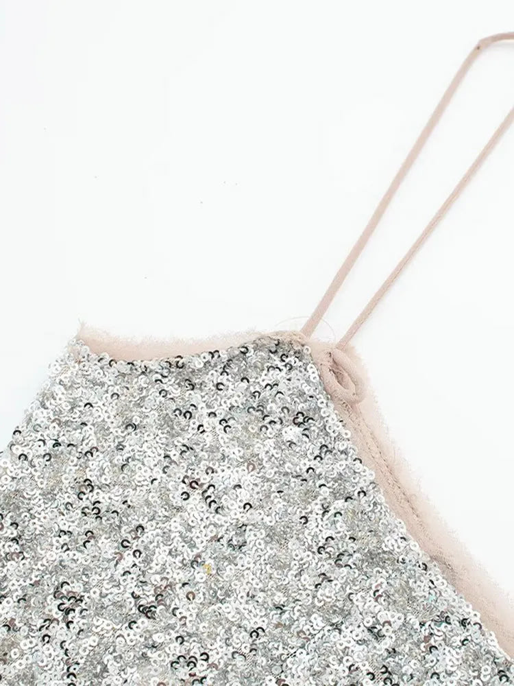 Elegante Abito con Paillettes da Donna Primavera Estate 2026, Vestito Senza Maniche con Scollo a Barca, Abito da Festa Scintillante, Dolce Abito da Ufficio Argento