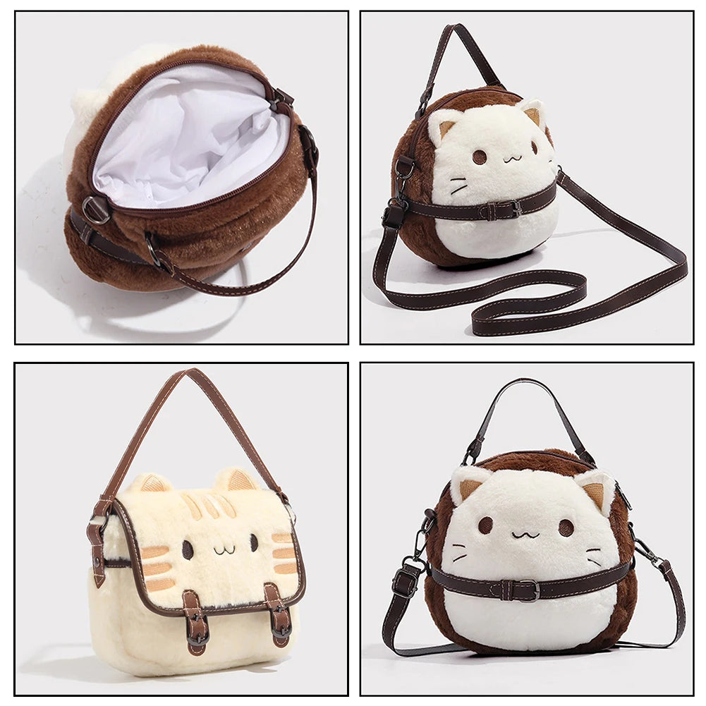 Cute Plush Cat Handbag Adorable Stuffed Animal Hand-Made Backpack Large Capacity Shoulder Bag Cartoon Daypack For Kids Girls