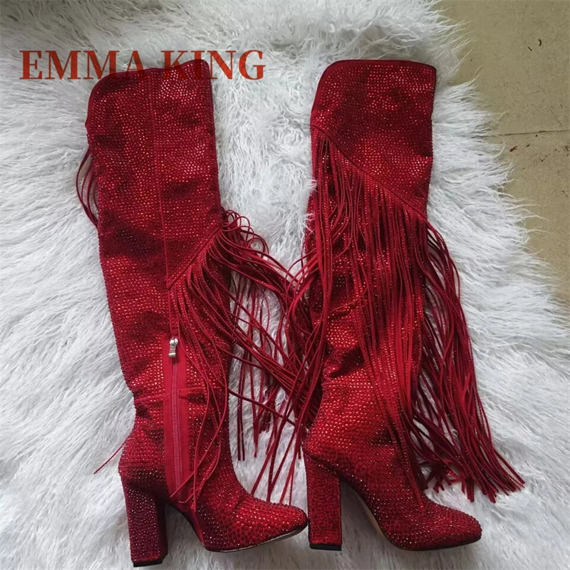 Nuovi stivali femminili con frange alte al ginocchio con strass Tacchi grossi di lusso Stivali lunghi da donna Moda Nappa Punta a punta Scarpe da festa Donna