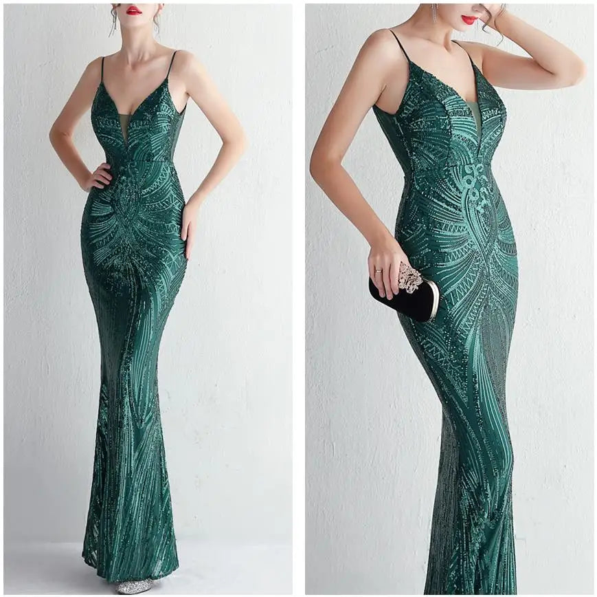 Abito da sera lungo nero semplice con paillettes, modello a sirena, spalline sottili, scollo a V, senza schienale, elegante per feste