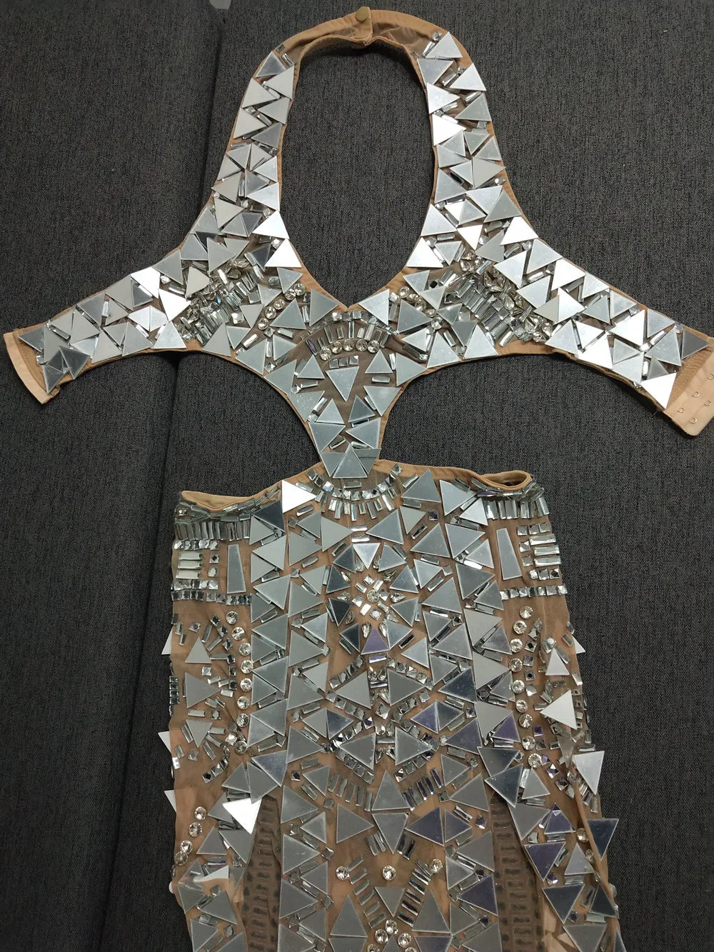 Abito Lungo con Spacco Alto e Scollo a V con Strass Argentati, Vestito da Palcoscenico per Compleanno e Ballo, Abito con Paillettes per Cantante e Modello, Costume Sexy