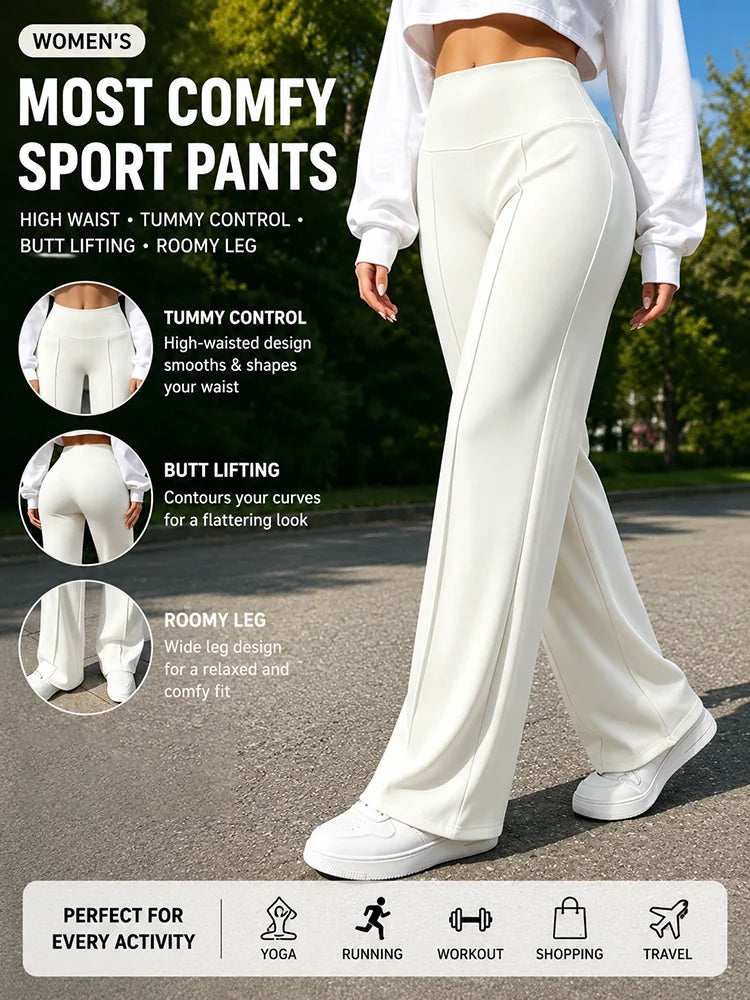 Pantaloni Eleganti da Donna Bianchi a Gamba Larga, Realizzati in Tessuto Resistente. Adatto per occasioni quotidiane o formali, allenamenti, yoga e sport.