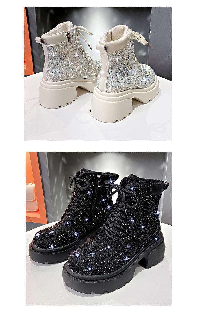 Stivaletti corti con diamanti con paillettes Donna Autunno Inverno Moda di lusso Stivali alti con tacco spesso Stivali stringati Scarpe casual da festa all'aperto