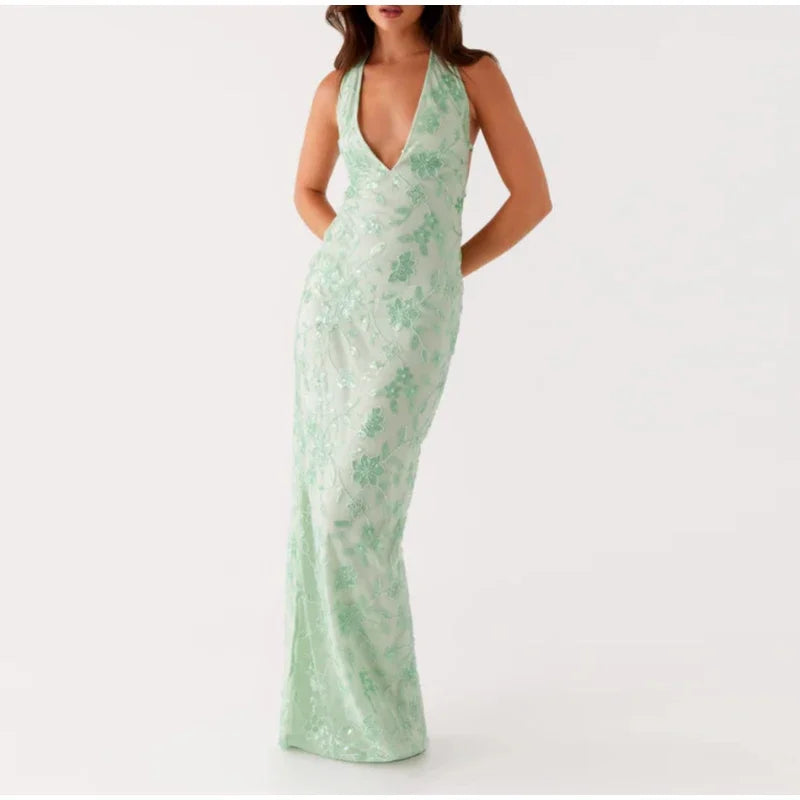 Abito da festa lungo ricamato da donna elegante Abito da festa femminile senza maniche con scollo all'americana sottile Abiti da festa estivi da donna