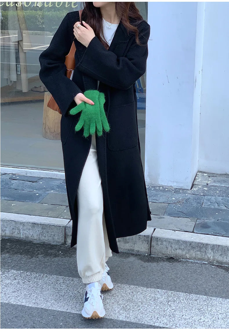 2024 Donne di Inverno di Lusso Fatti A Mano Cappotti di Lana Double Face 100% X-Lunghi Cappotti di Design Coreano Delle Donne Della Tuta Sportiva Cappotti Rosa