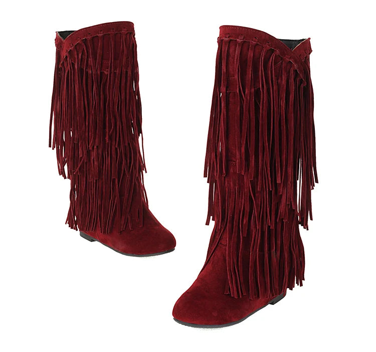 2025 Nuovi stivali alti Donna Bohemian Flock Nappa Stivali a metà polpaccio Stivaletti con zeppa Autunno Inverno Scarpe casual etniche zapatos de mujer