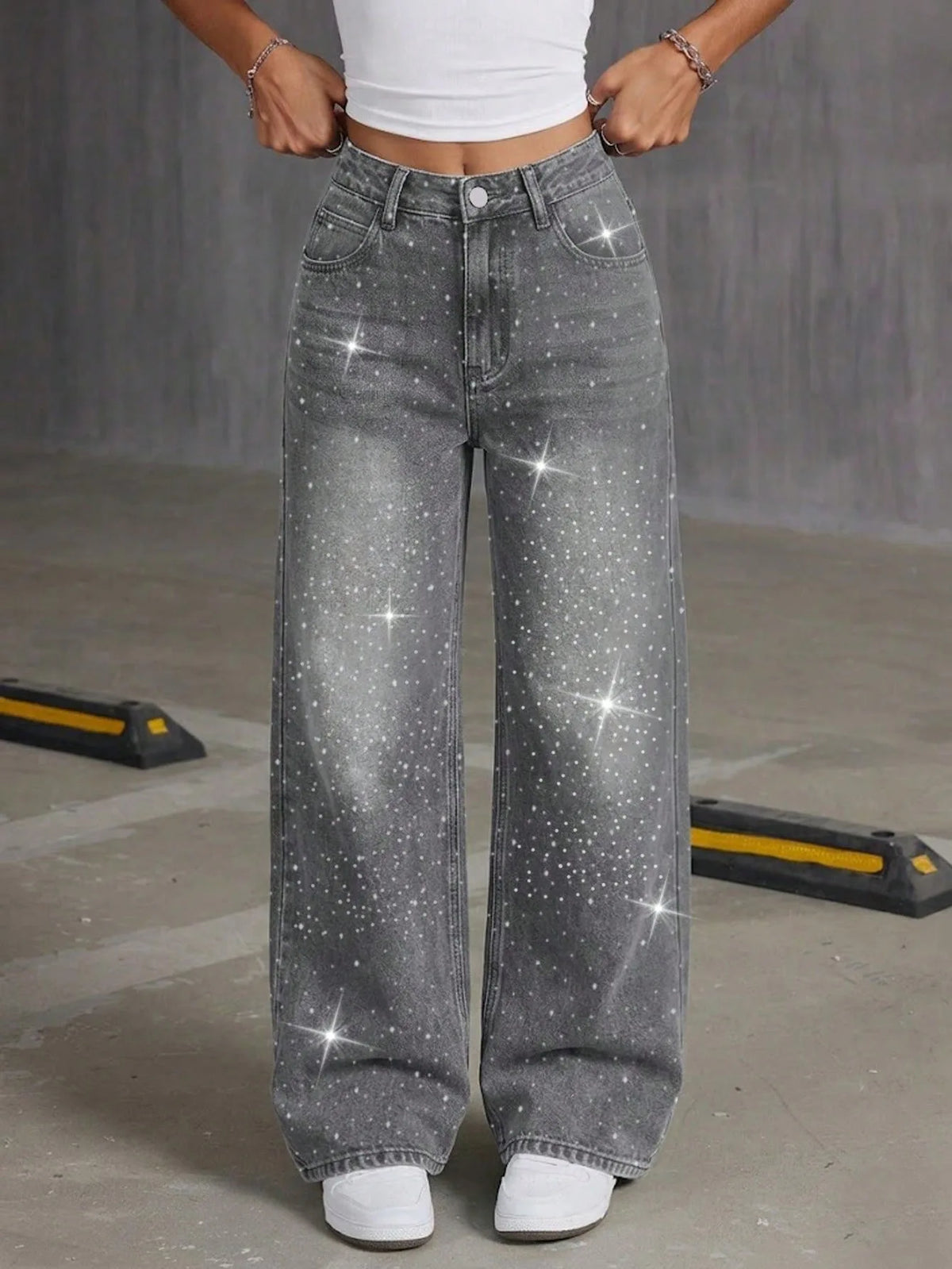 Jeans a Gamba Dritta con Strass Grigi, Pantaloni Lunghi e Larghi, Comodi e Casual in Stile Coreano, Jeans in Denim di Cotone