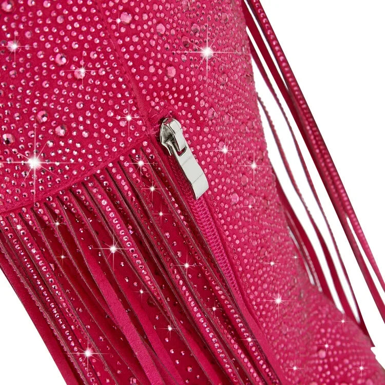 2024 nuovi stivali Chelsea al ginocchio con strass con cerniera nappe a punta moda lucida stivali da donna europei e americani 35-43