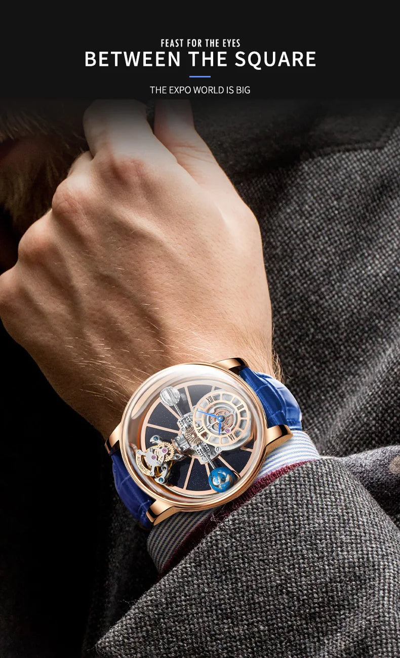 2024 HAEMMER Astronomia Orologio da uomo Custodia trasparente Design Orologio al quarzo in pelle da uomo Regolazione del tempo Jacob Relogio Impermeabile