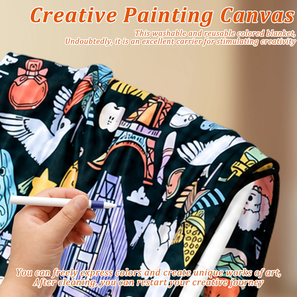 DIY Coloring Blanket Washable Reusable Fleece Throw Color Your Own Blanket Set with 24 Markers Kids Arts Crafts Gift