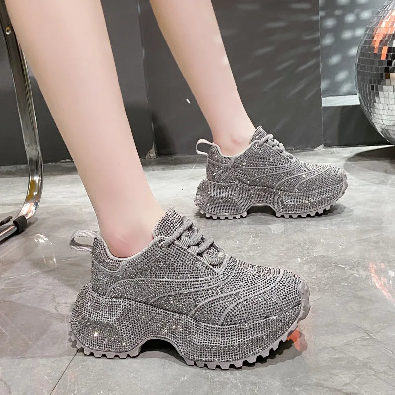 Nuove Scarpe Sportive Casual da Donna con Suola Spessa e Decorazioni in Diamanti, Design Elegante e alla Moda