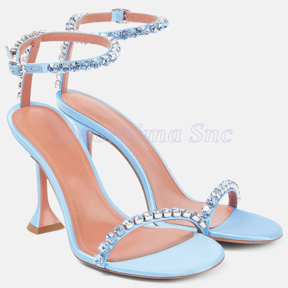 Sandali in Raso con Dettagli in Cristallo, Punta Rotonda, Cinturino alla Caviglia, Scarpe Eleganti da Donna Sexy e alla Moda, Blu Solido per Banchetti Estivi