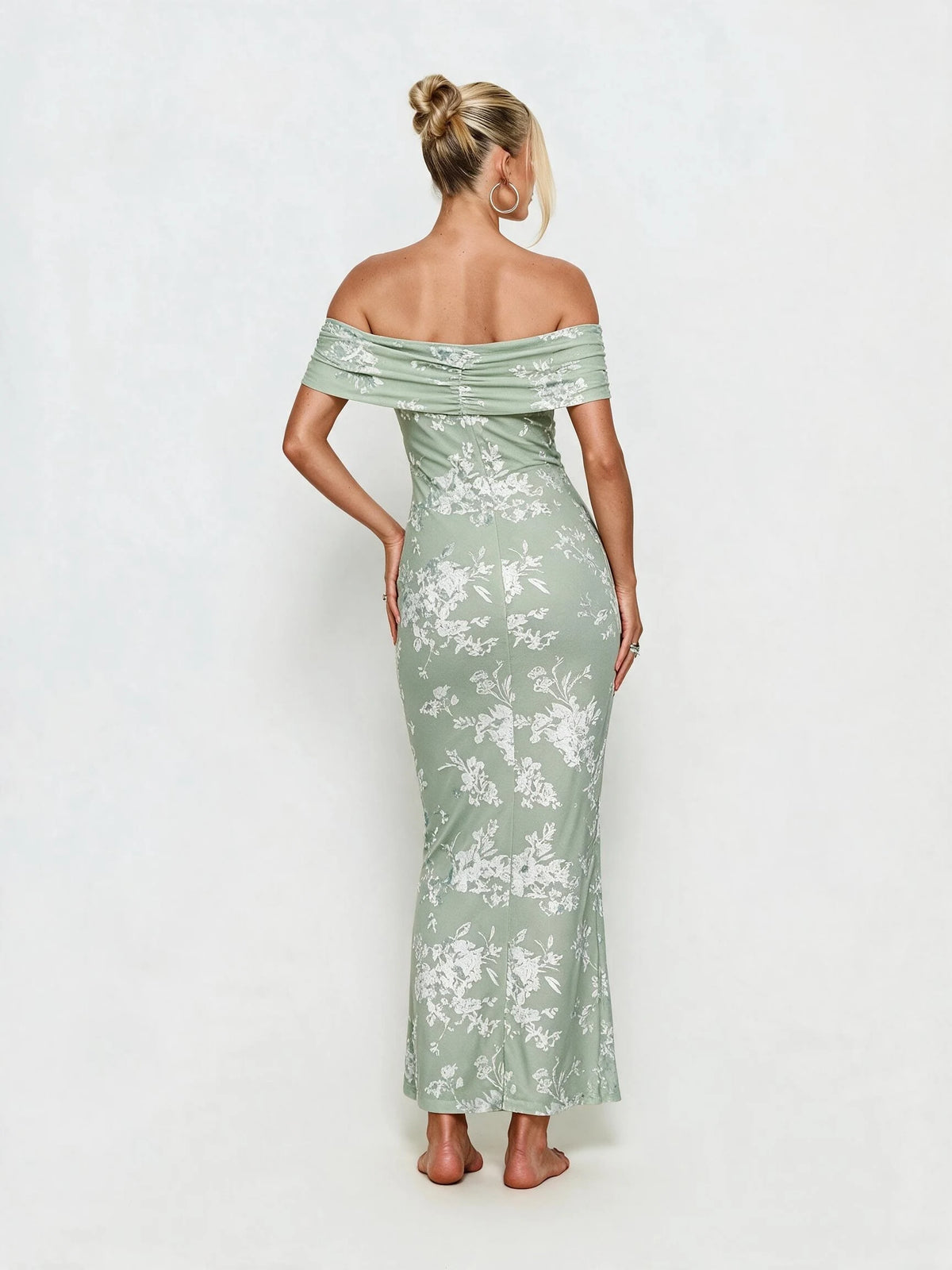 Abito lungo da donna a spalle scoperte con stampa floreale, elegante abito a sirena arricciato, abito aderente estivo da sera per feste, per signore.