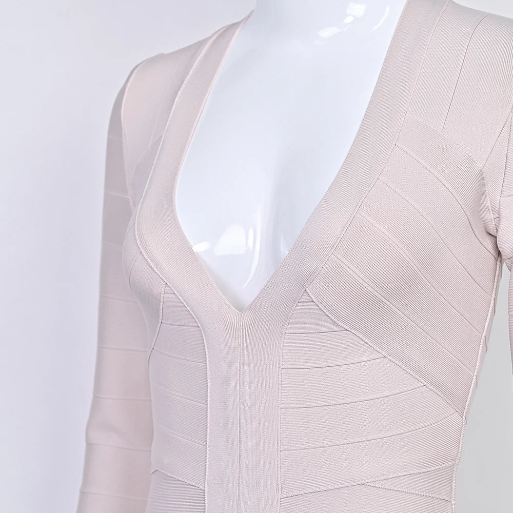BEAUKEY Abito da Sera Sexy Mini con Scollo a V Profondo e Maniche Lunghe Beige, Vestito da Festa con Fasce, Abito da Clubwear Lungo Stile Runway